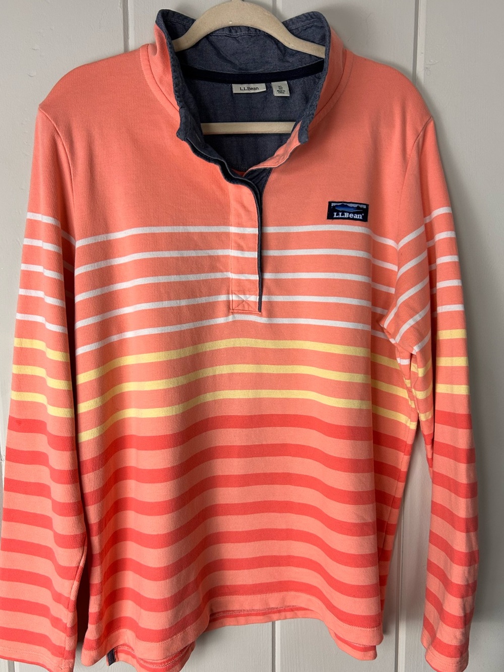 Poshmark Title:
L.L.Bean Striped Quarter Button Pullover XL Prep Sweatshirt Top